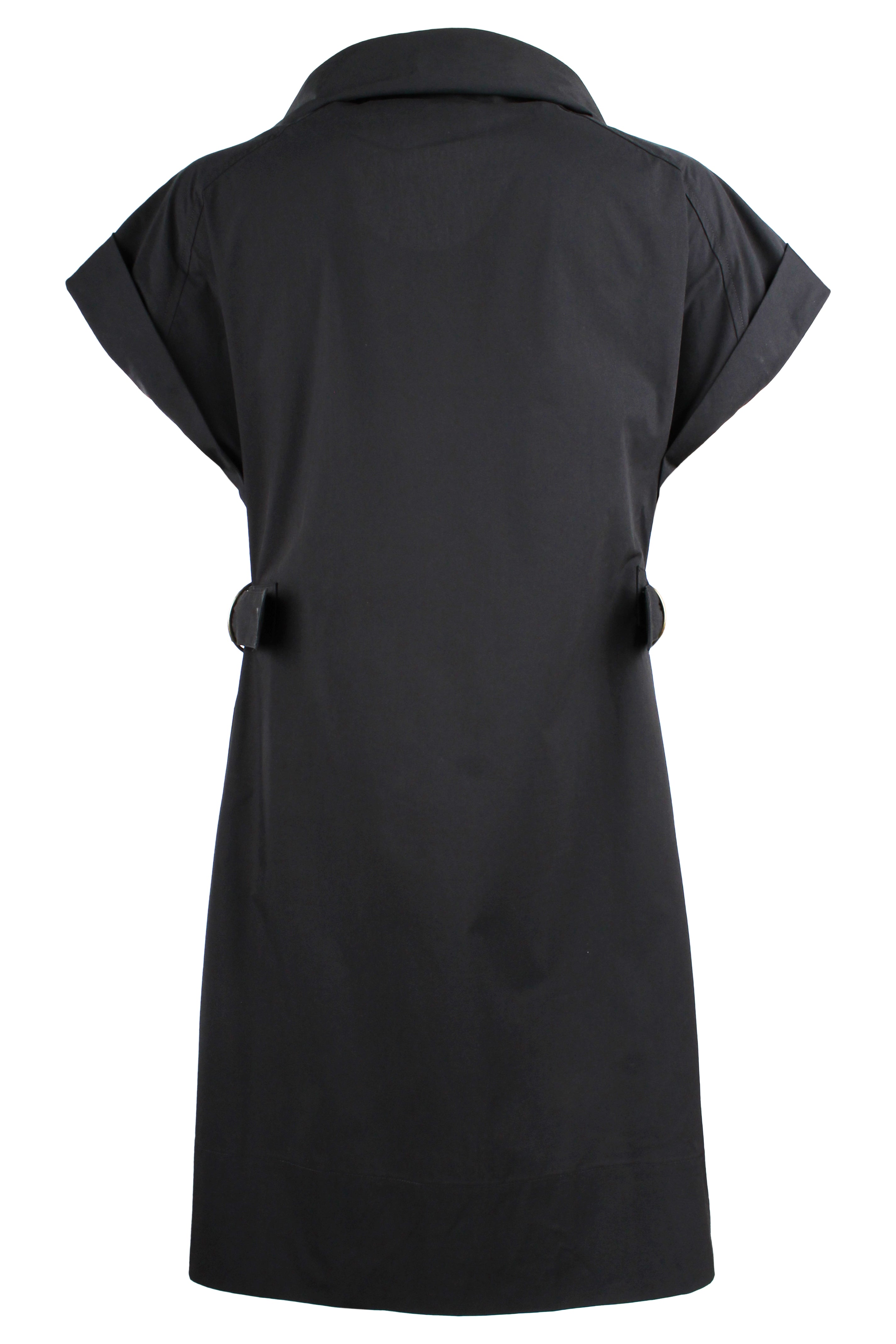 Black front zip cap sleeve knee length midi shirt dress, rear view