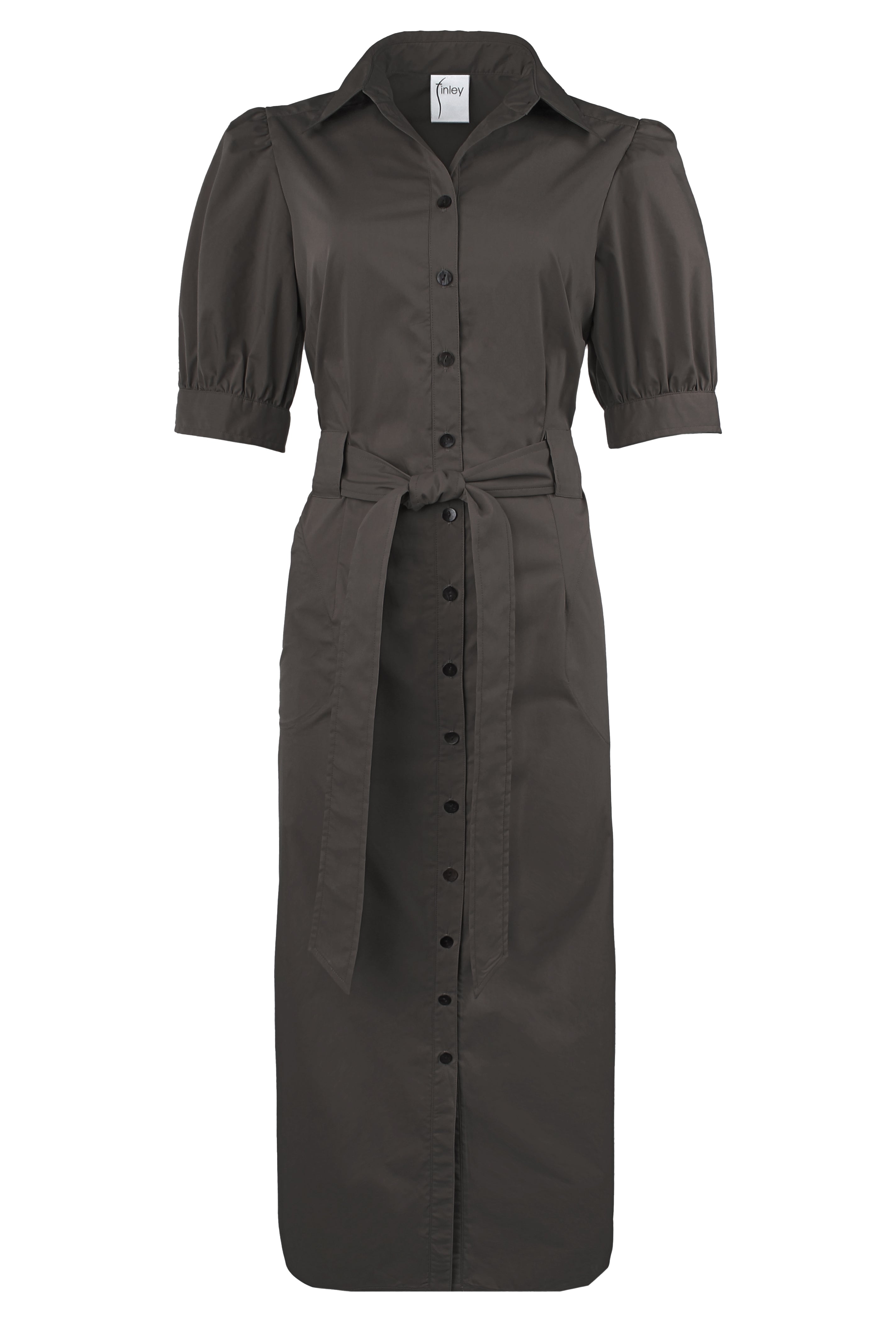 Front view of the Finley Harper, a black tie front maxi shirt dress in weathercloth fabric.