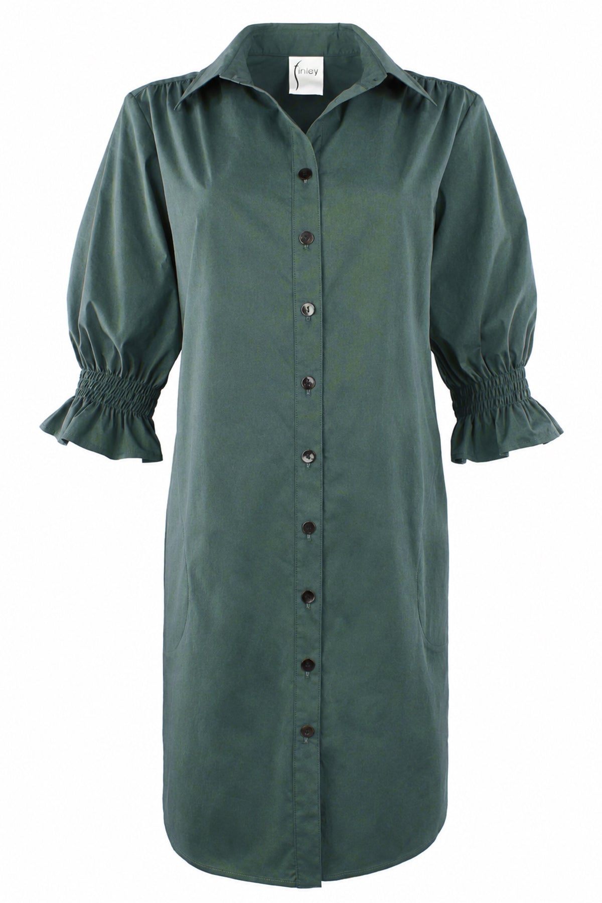 A dark green button-down shirt dress with three-quarter sleeves featuring elasticized cuffs, a pointed collar, and a front button closure, shown against a plain white background.