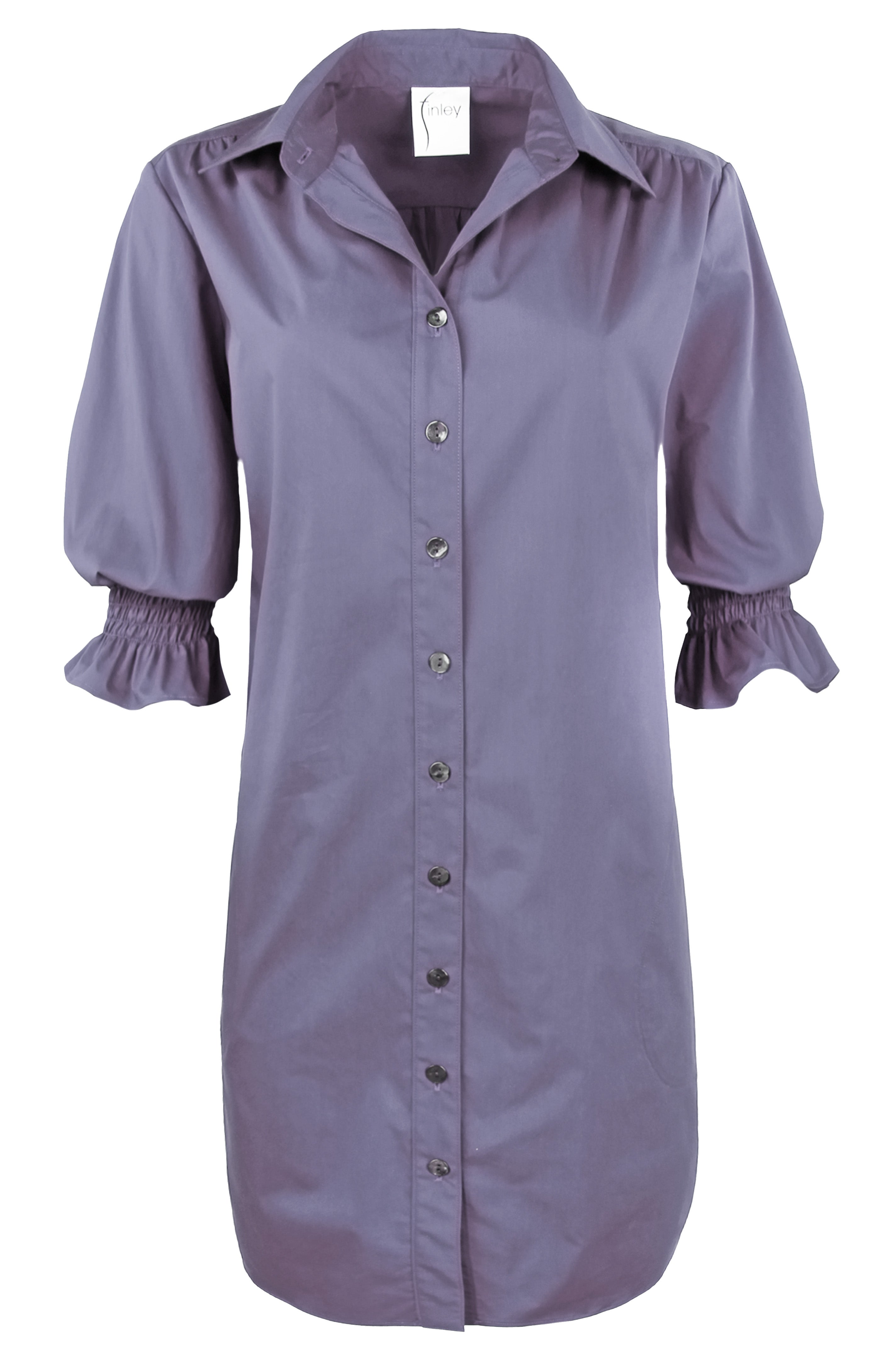 Purple shirt dress with ruffled sleeves on a white background