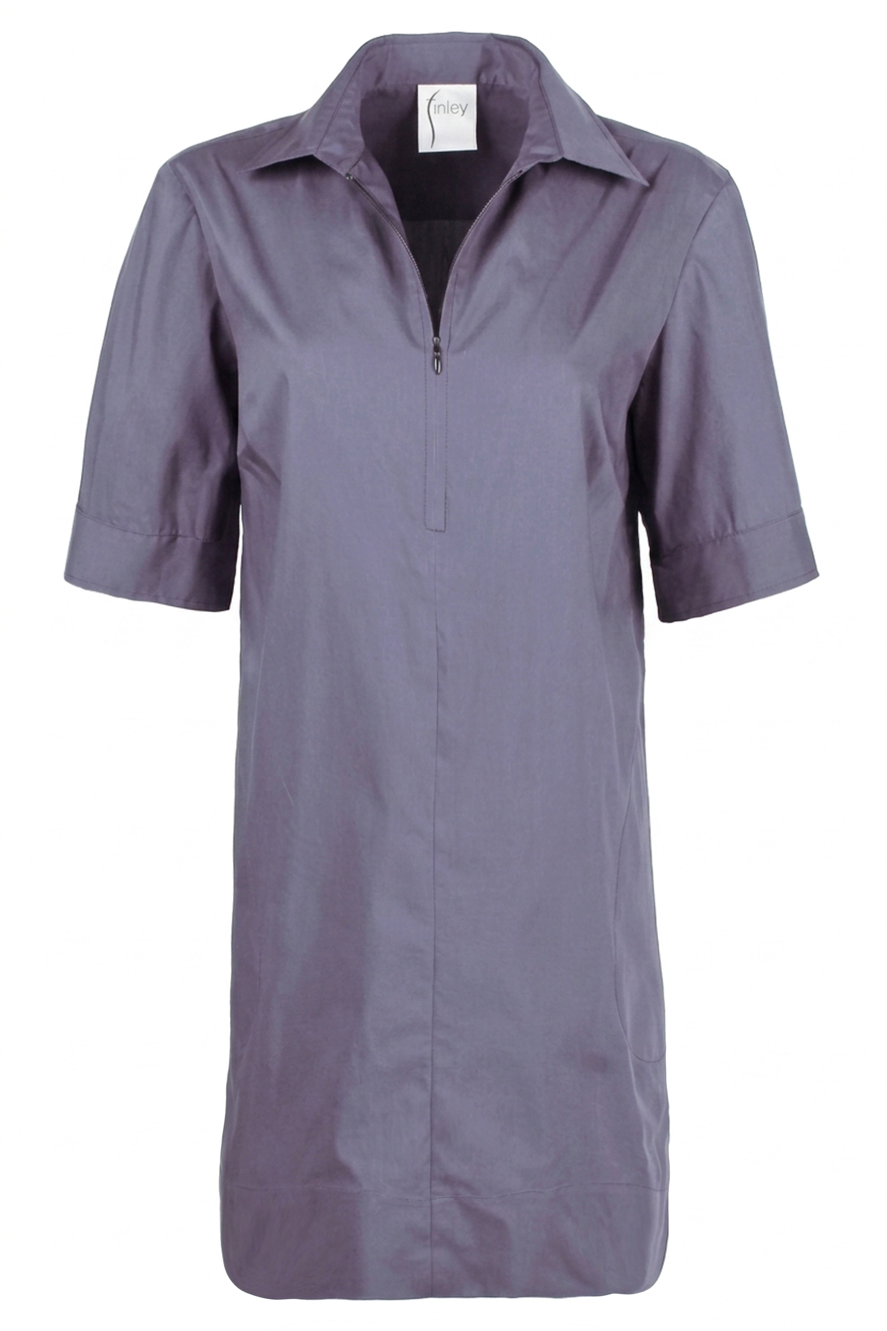 A short-sleeve collared shirt dress in a muted dusty purple or mauve color, featuring a half-zip front and a small white brand label at the collar, shown against a plain white background.