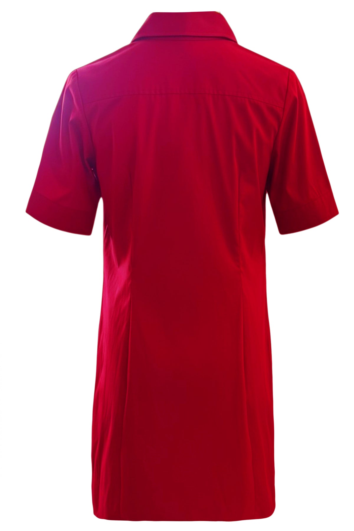 A bright red short-sleeve collared shirt dress shown from the back, photographed against a plain white background.