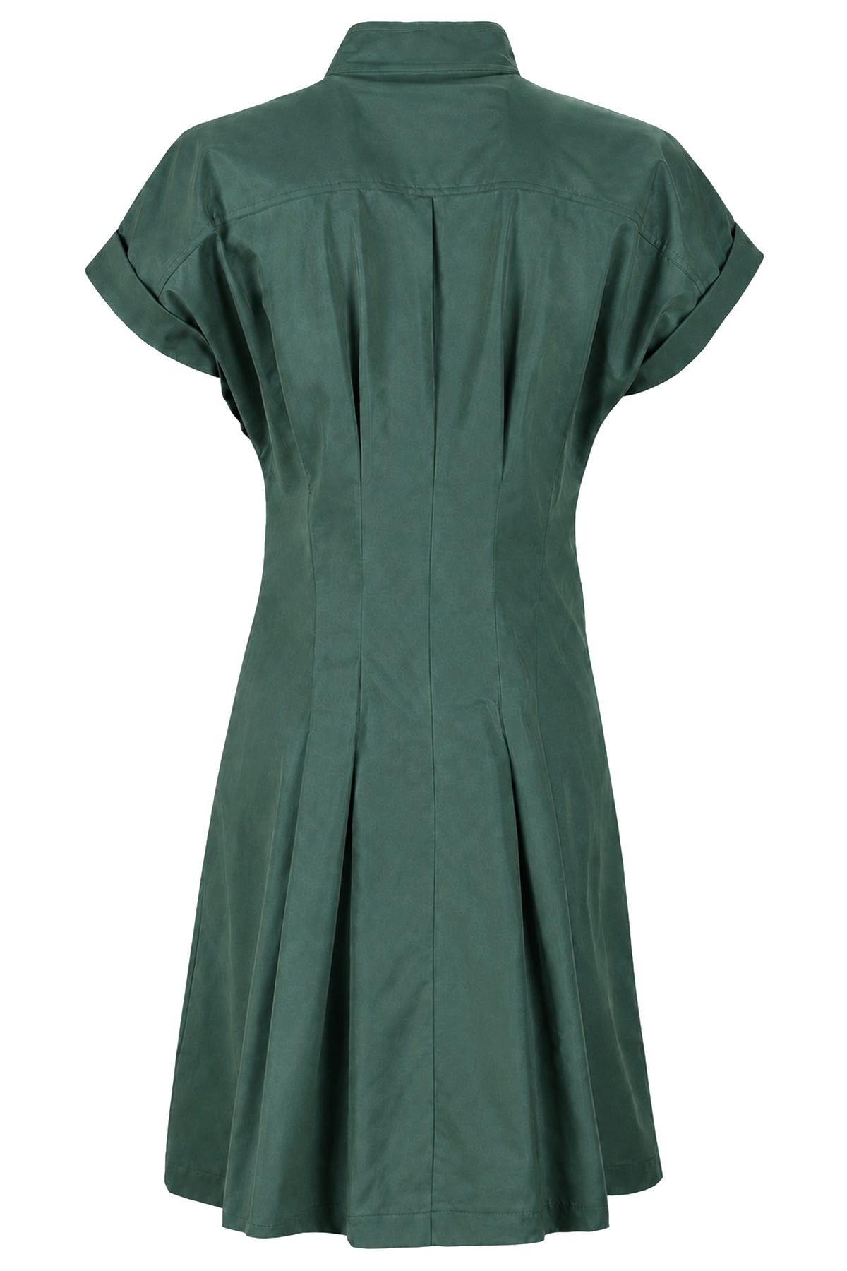 A dark green short-sleeve shirt dress shown from the back, featuring a pleated back design and a collar, set against a plain white background.