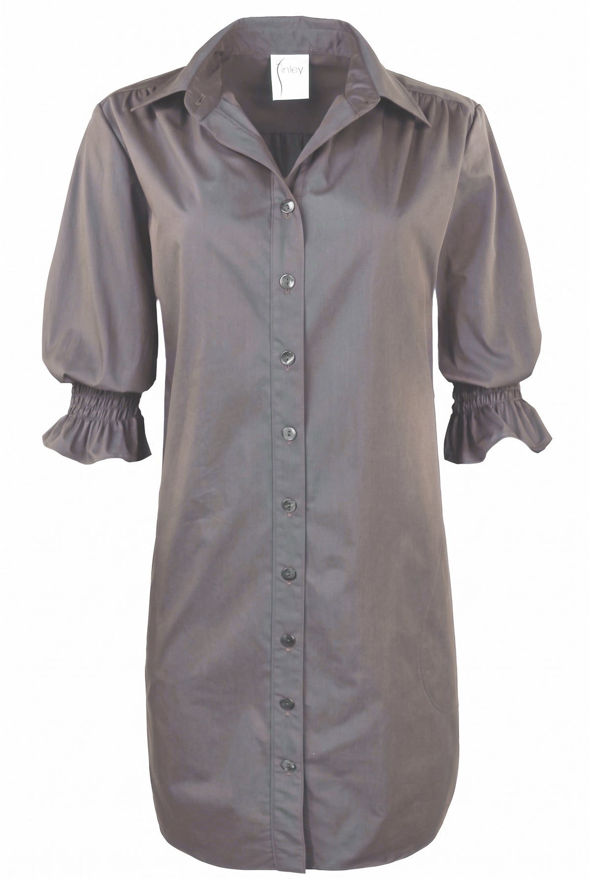 A gray button-down shirt dress with three-quarter sleeves featuring gathered ruffle cuffs, a pointed collar, and a front button closure, shown against a plain white background.