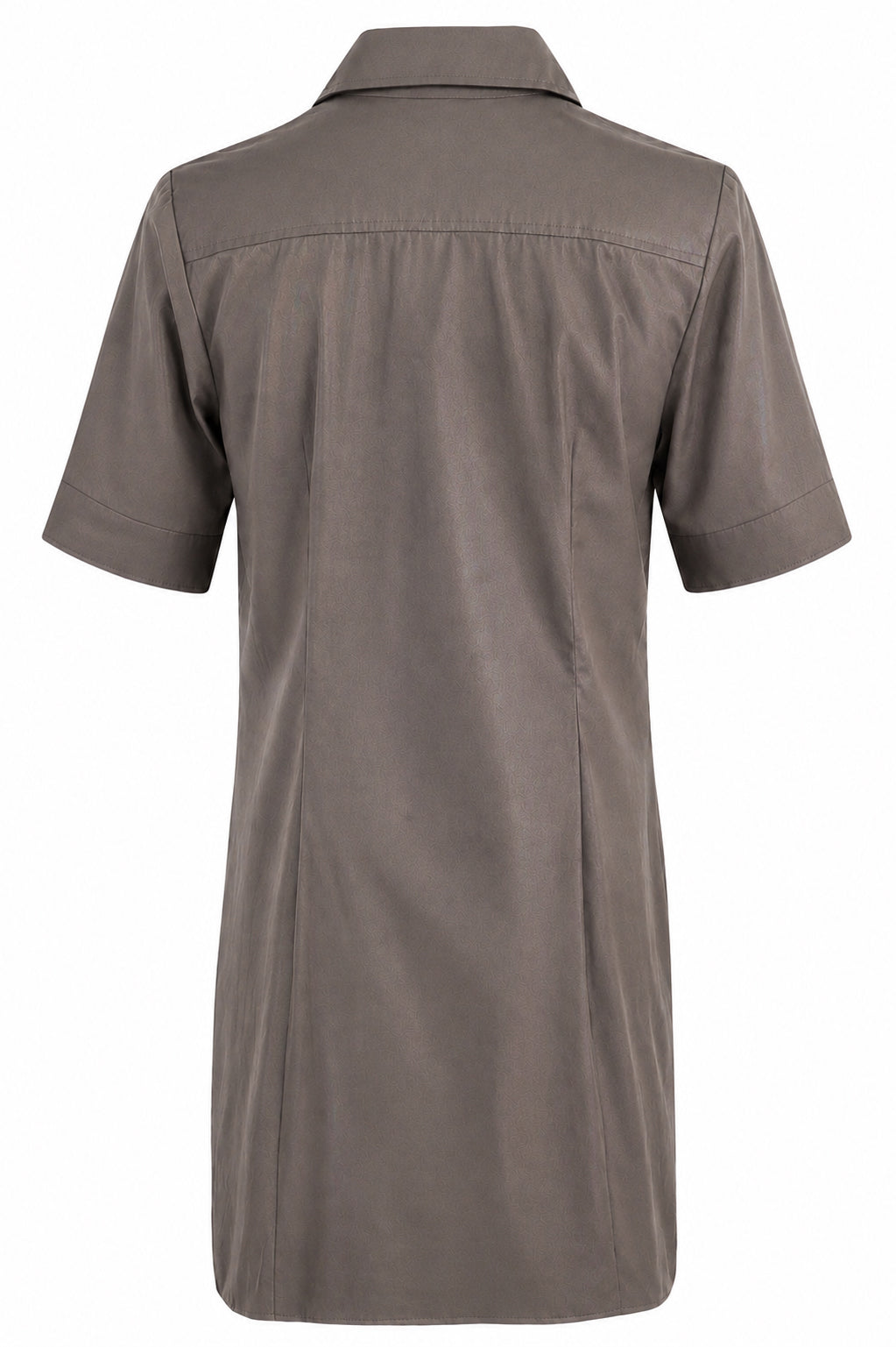 A short-sleeve collared shirt dress shown from the back, in a solid taupe-brown color, displayed on a clean white background.