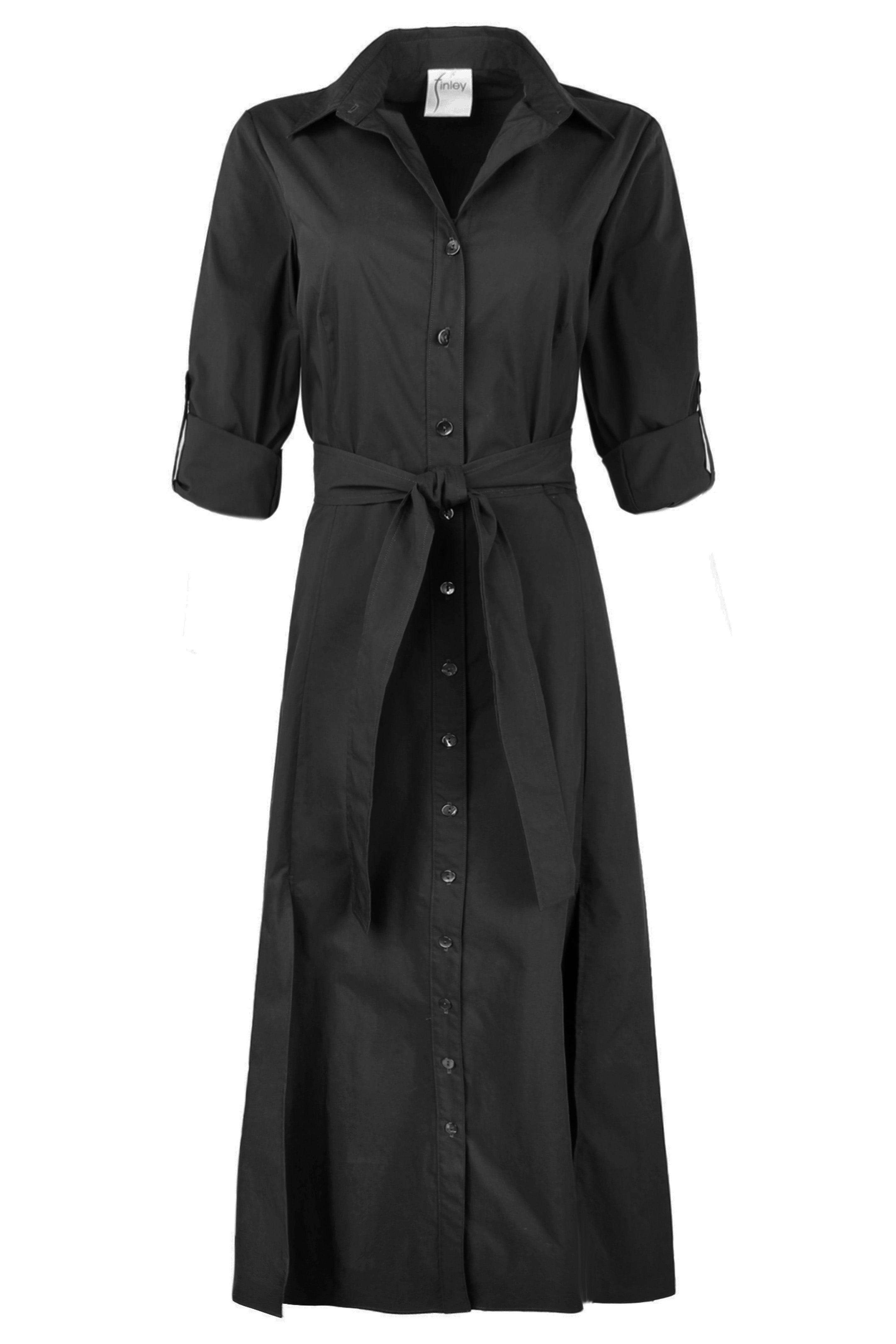 A black long-sleeve shirt dress with a collar, button-down front, and a self-tie belt at the waist, shown against a plain white background.