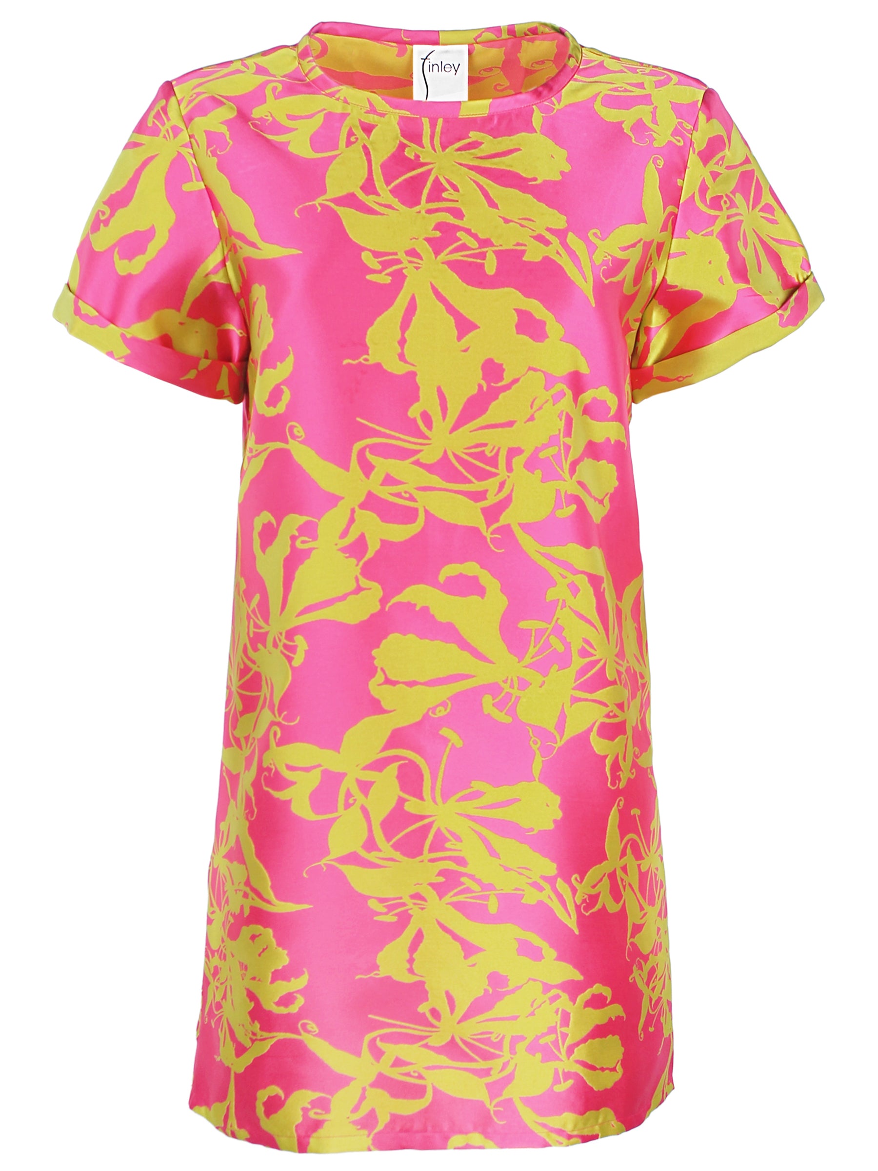 a front view of the Finley Shawn shirt dress with a yellow & pink floral print, jacquard fabric, short sleeves, shift silhouette, and knee-length hem.
