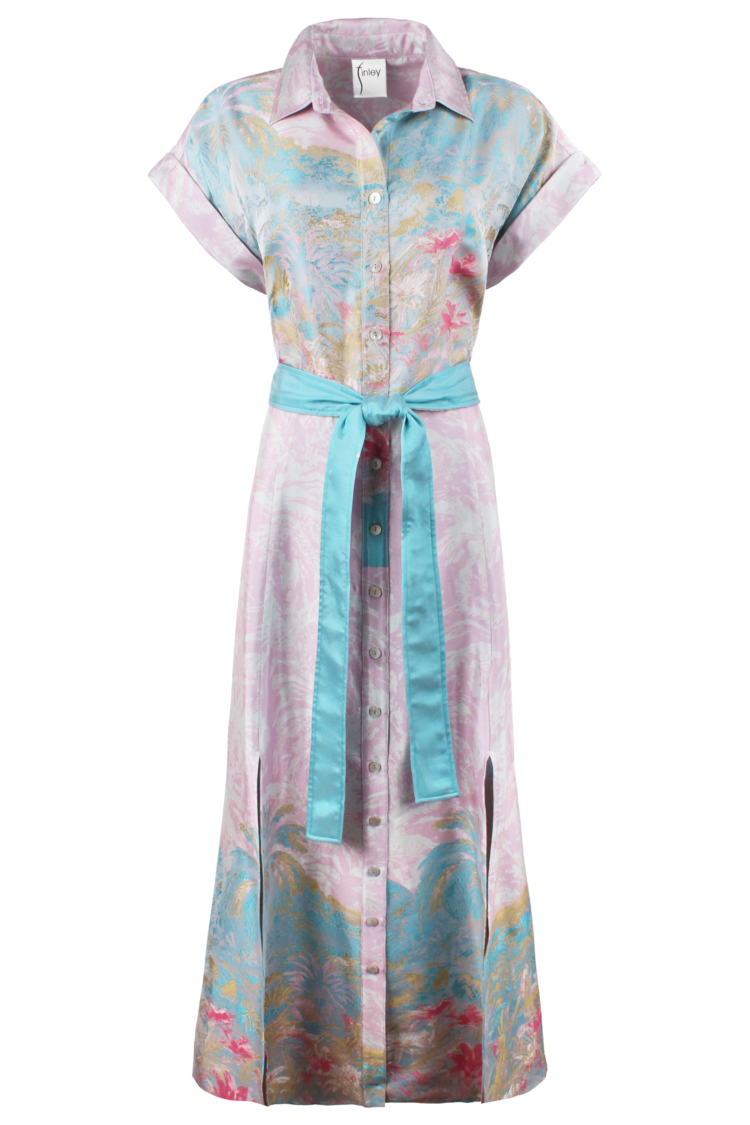 Long Chantal Shirt Dress Pink/Blue Wedding Guest Jacquard