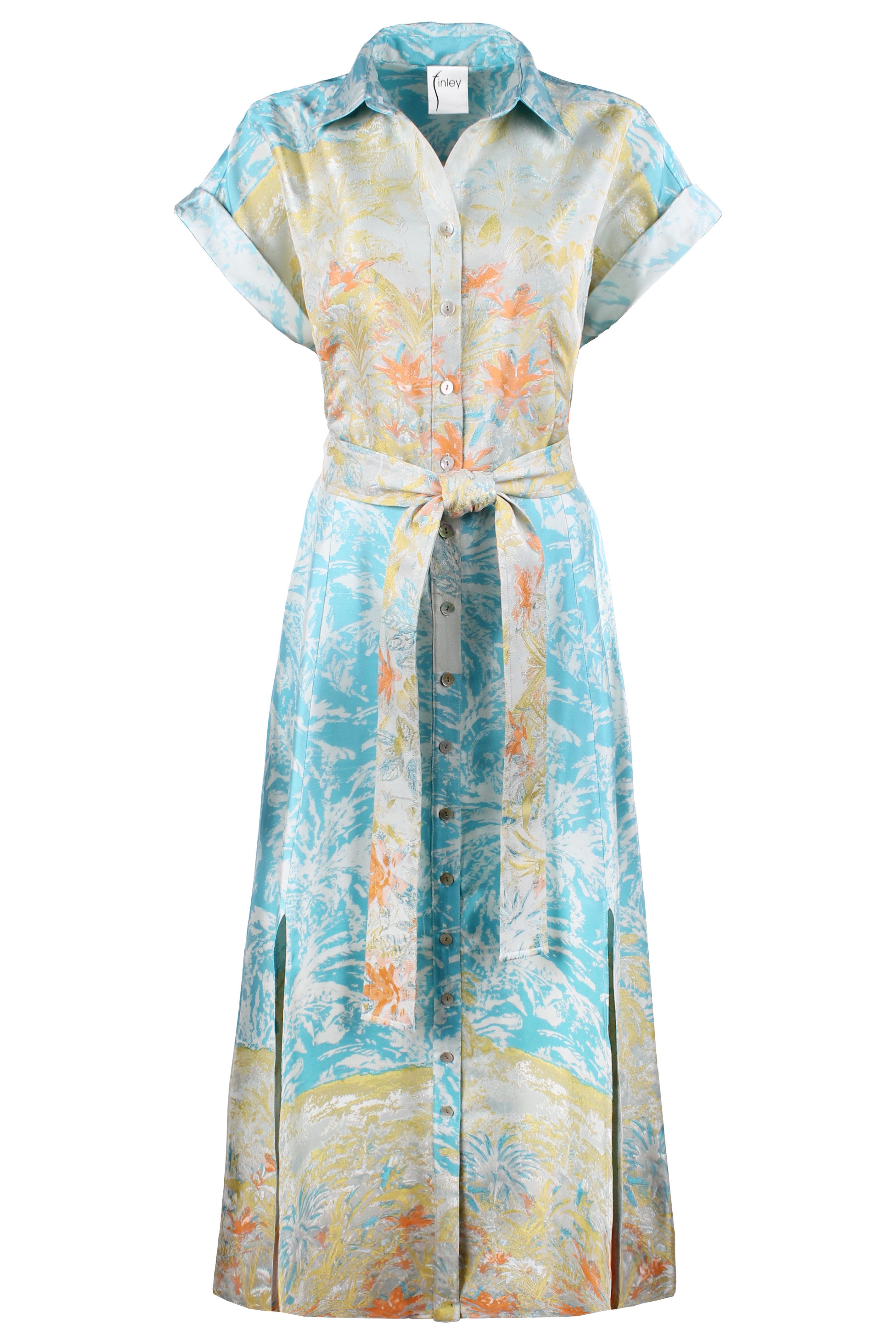Long Chantal Shirt Dress Turquoise/Yellow Wedding Guest Jacquard