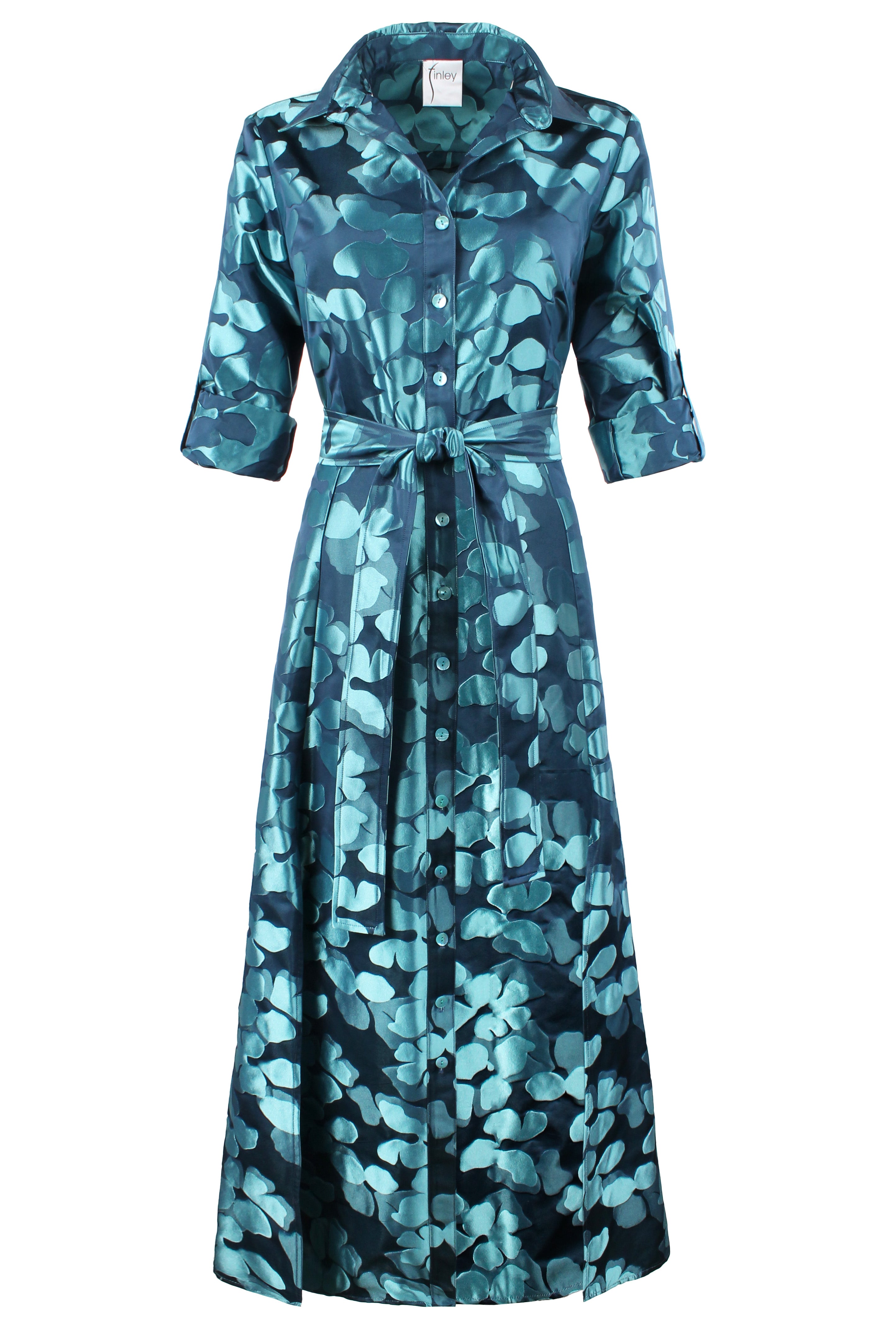 Laine Long Dress Aqua Navy Lily Pad Jacquard