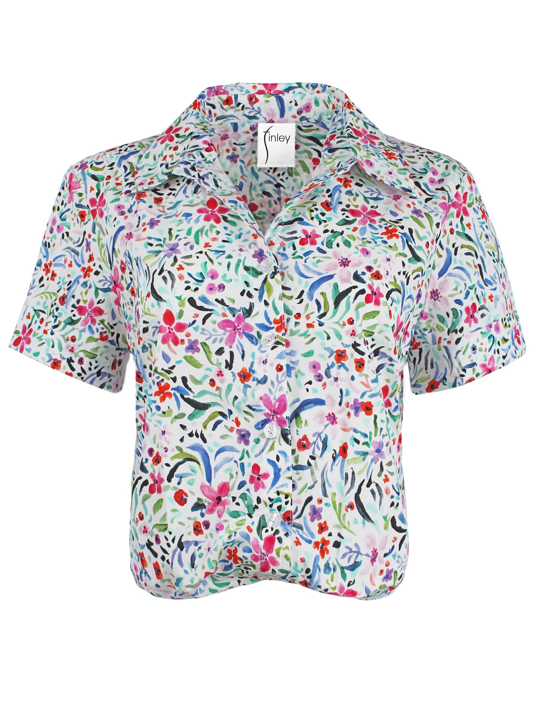 Front view of Finley Alli floral print cotton shirt with spread collar, button front, and short sleeves.
