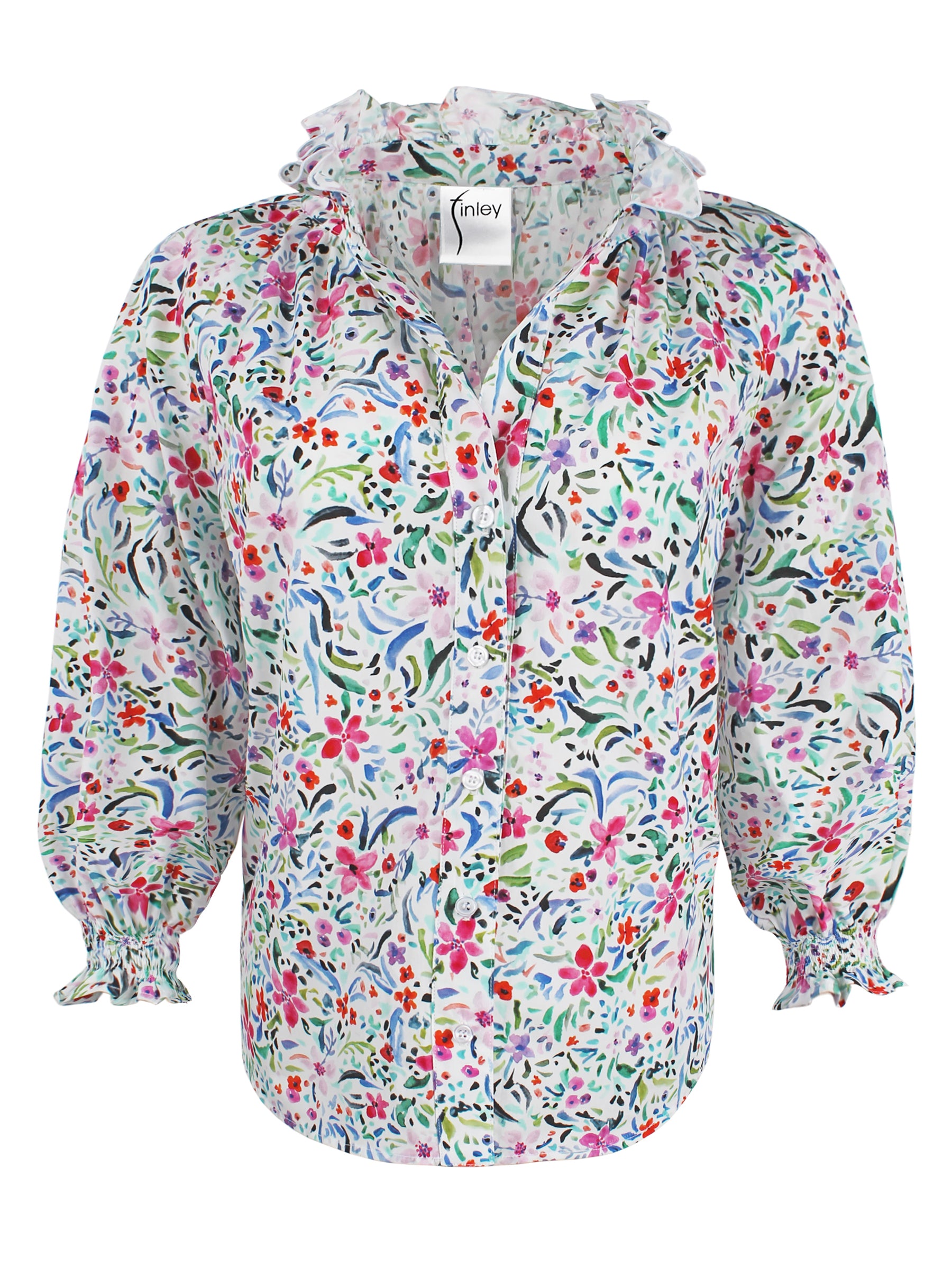 Front view of Finley Fiona floral print cotton shirt with ruffled band collar and button front.
