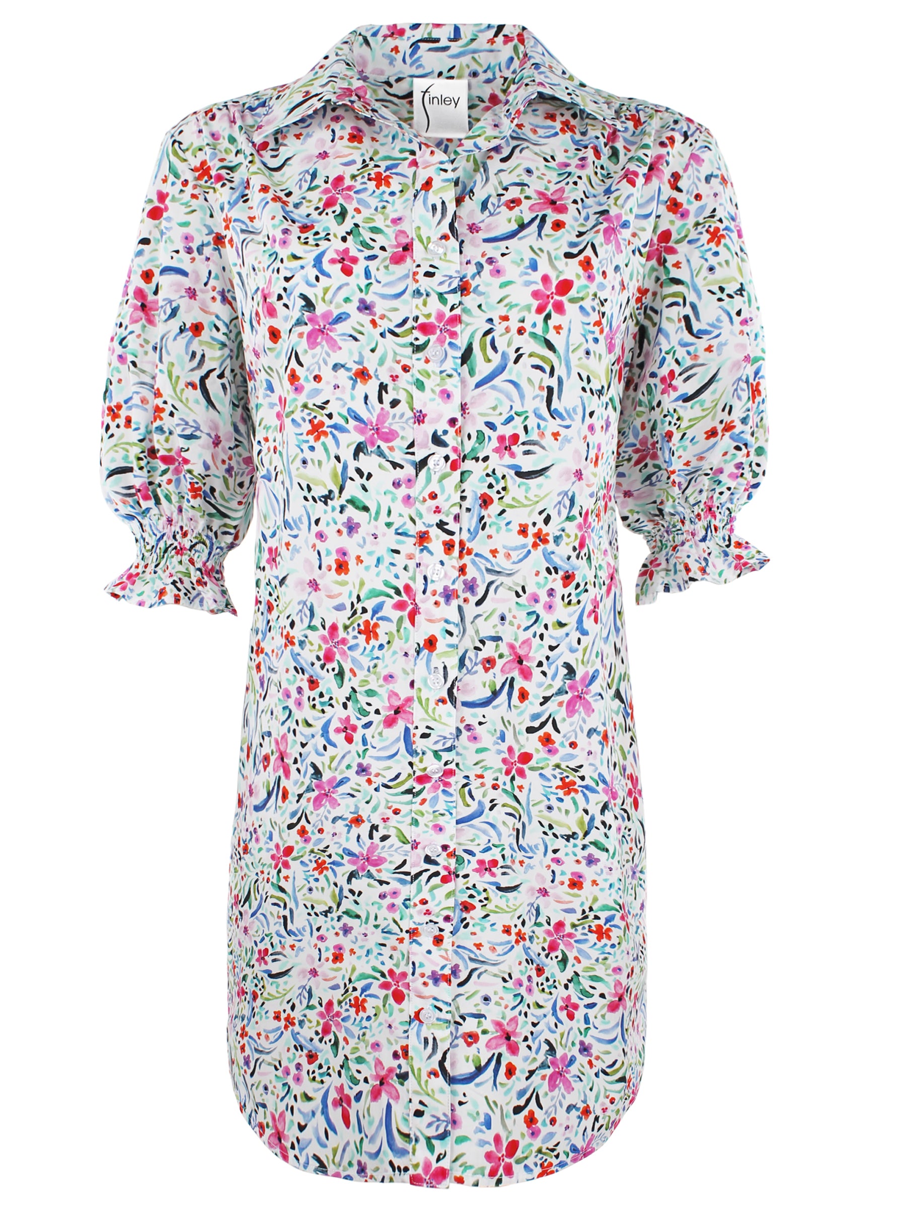 Front view of Finley Miller floral print linen shirt dress with elbow puff sleeves, spread collar, and shirttail hem.

