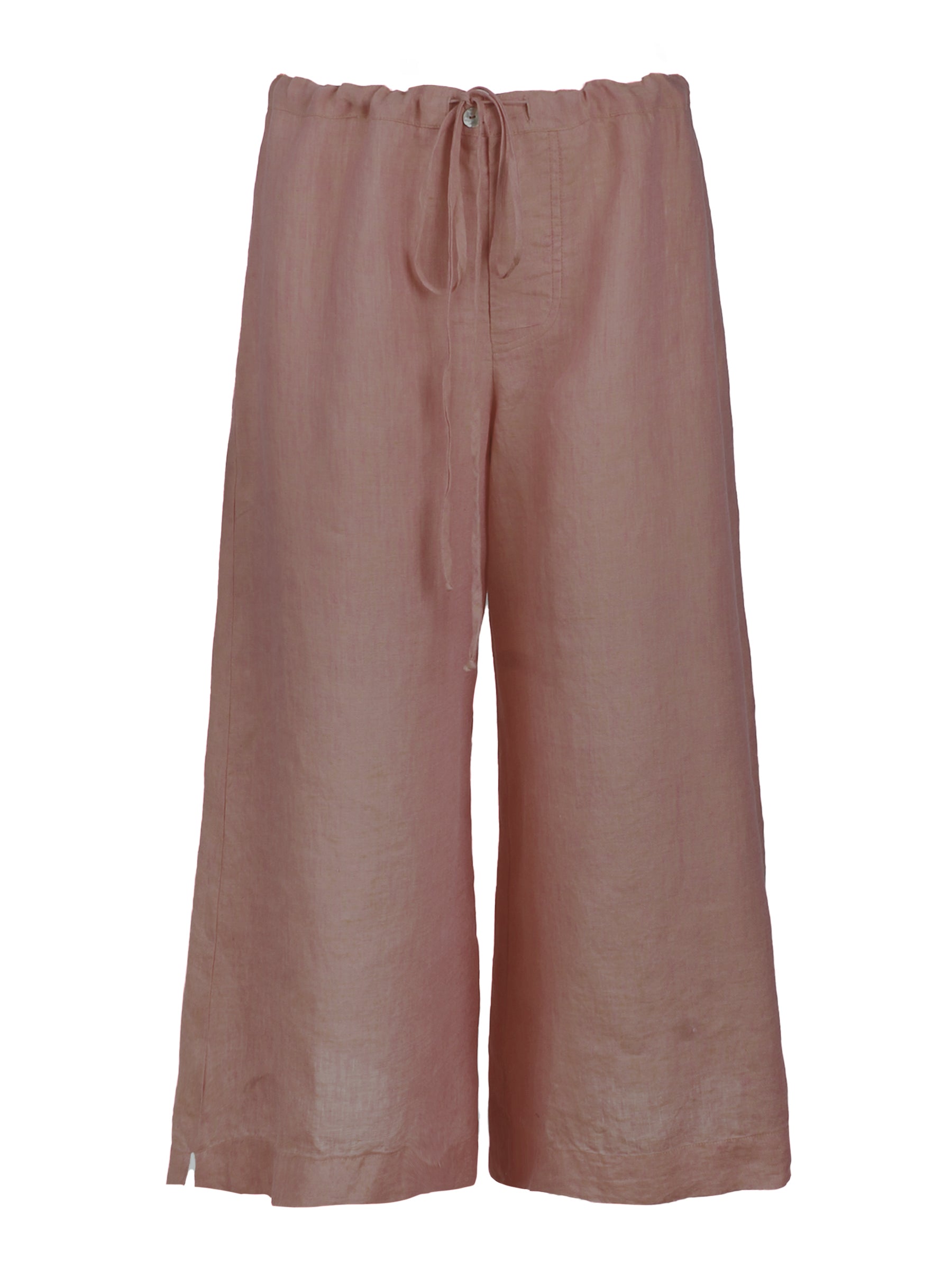 A front view of the Wide Leg washed linen pants, featuring drawstring details, side pockets, and a relaxed fit in mushroom brown.
