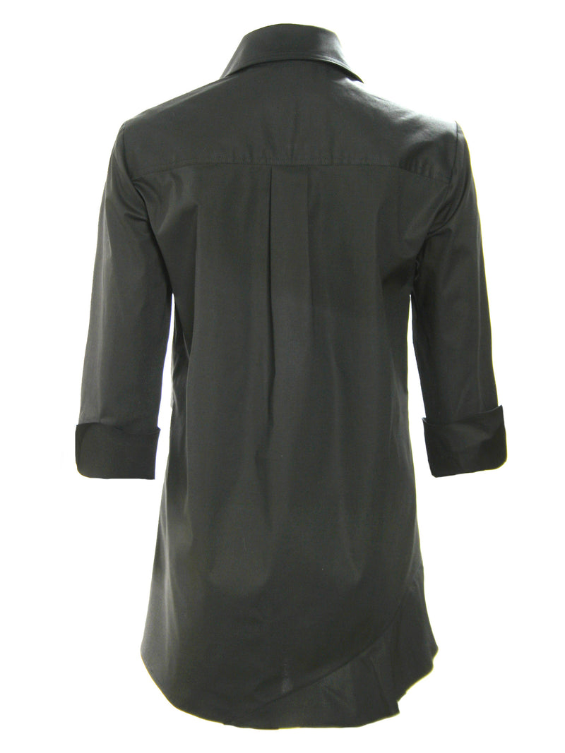 A rear view of the Finley Jenna dress, a black button-down shirtdress with bias flounce accents and a relaxed fit.