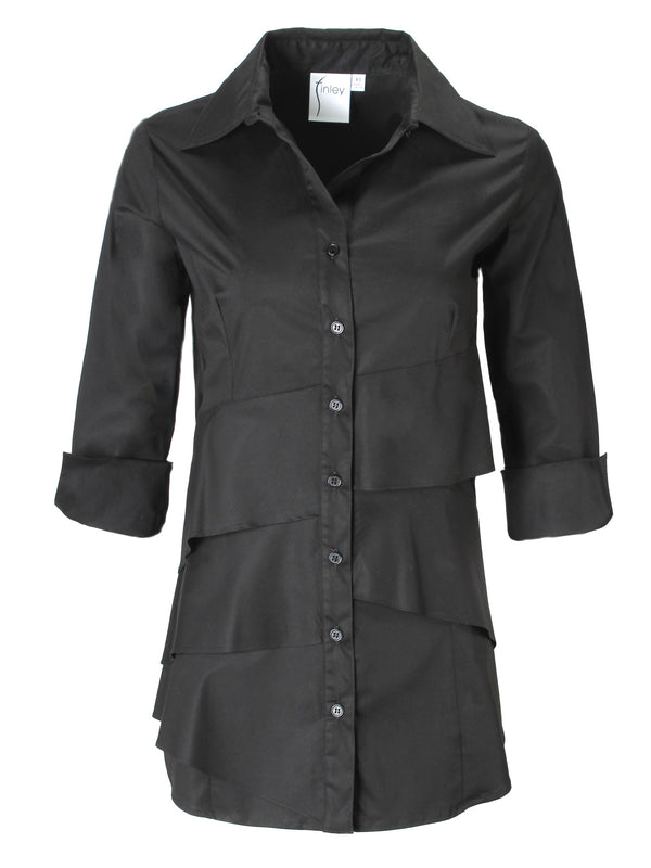 A frontal view of the Finley Jenna dress, a black button-down shirtdress with bias flounce accents and a relaxed fit.