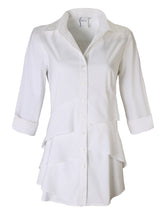 A frontal view of the Finley Jenna dress, a white button-down shirtdress with bias flounce accents and a relaxed fit.