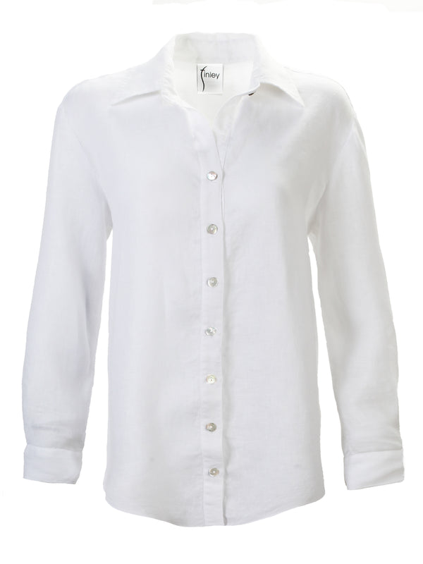 A front view of the Finley Monica shirt, a white washed linen button-down blouse with long sleeves and a relaxed fit.