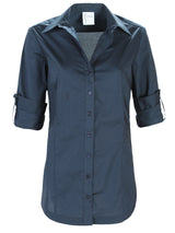 A front view of the Finley Joey designer blouse, a casual button down navy designer shirt with a vintage tailored fit.