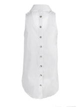 A rear view of the Finley Shelly blouse, a button-down sleeveless shirt dress with a brown and white zebra print.
