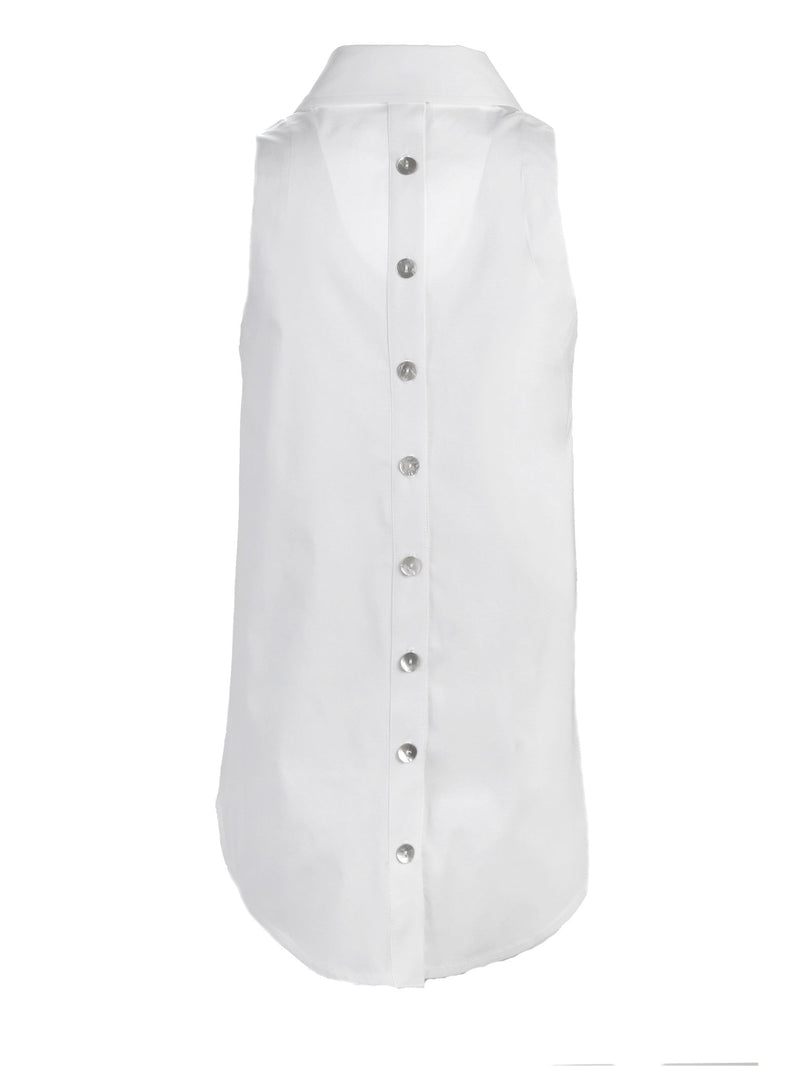 A rear view of the Finley Shelly blouse, a button-down sleeveless shirt dress with a brown and white zebra print.