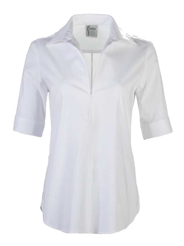 A front view of the Finley Endora shirt, a white short-sleeve shirt with a half-zip collar and a semi-tailored fit.
