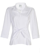 A front view of the Finley Rocky blouse, a white 3/4 sleeve shirt with a tie front and a tailored fit.