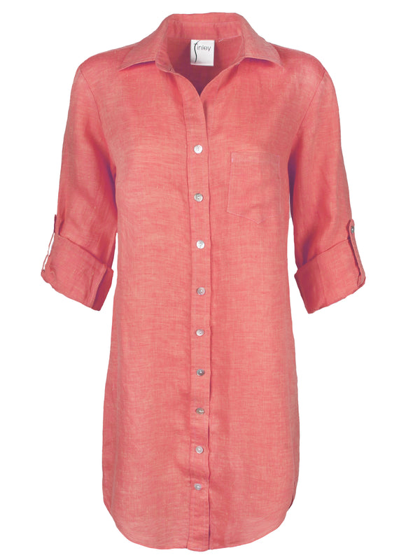 A front view of the Finley Alex dress, a peach pink washed linen button-down shirt dress with tabbed sleeves and a relaxed fit.
