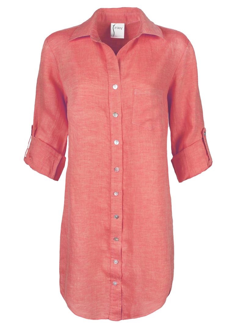 A front view of the Finley Alex dress, a peach pink washed linen button-down shirt dress with tabbed sleeves and a relaxed fit.
