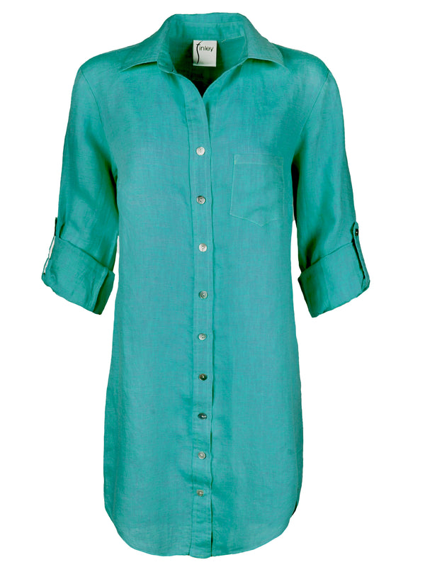 The Finley Alex shirt dress, a jade green washed linen button down shirt dress with a relaxed shape and barrel cuffs.