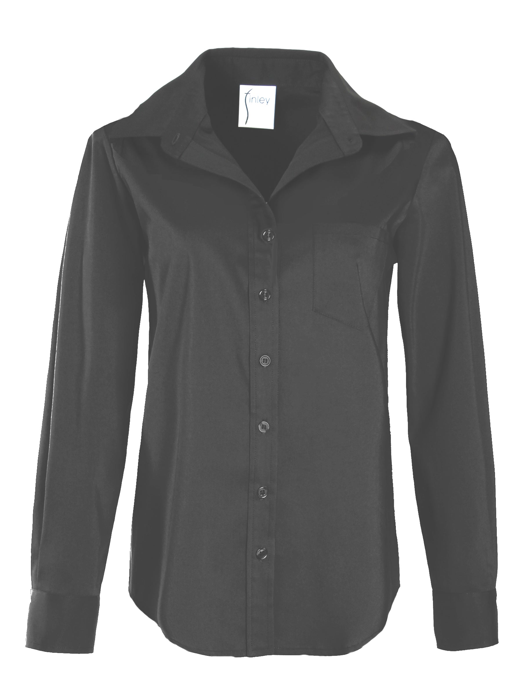 A front view of the Finley Alex blouse, a black button-down poplin shirt with a barrel cuff and a relaxed fit.