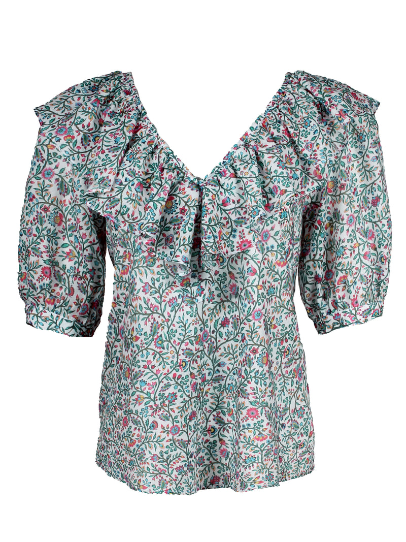 A front view of the Finley Ashleigh top, a cotton voile pullover blouse with a relaxed shape and a green and white floral print.