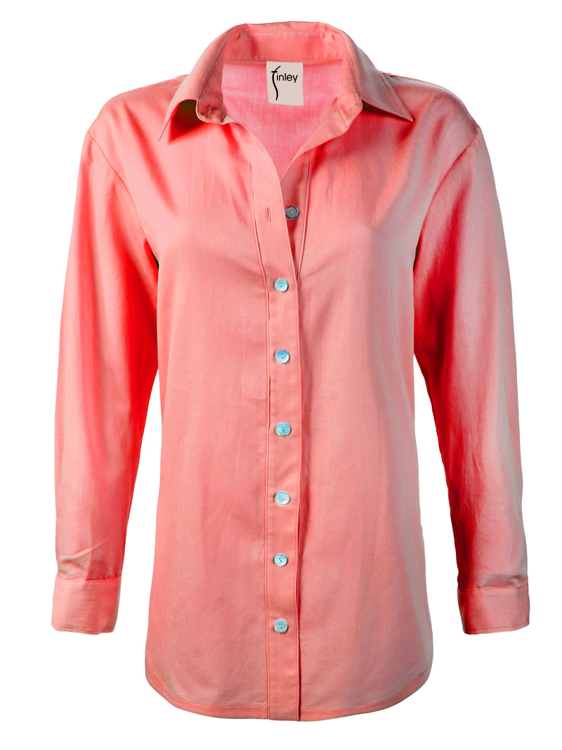 A front view of the Finley boyfriend shirt, a cotton voile button-down blouse with a relaxed fit and a rose red color.