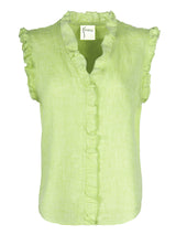 The Finley Byrdee blouse, a sleeveless lime green washed linen top with a casual relaxed fit and ruffle shoulder collar.