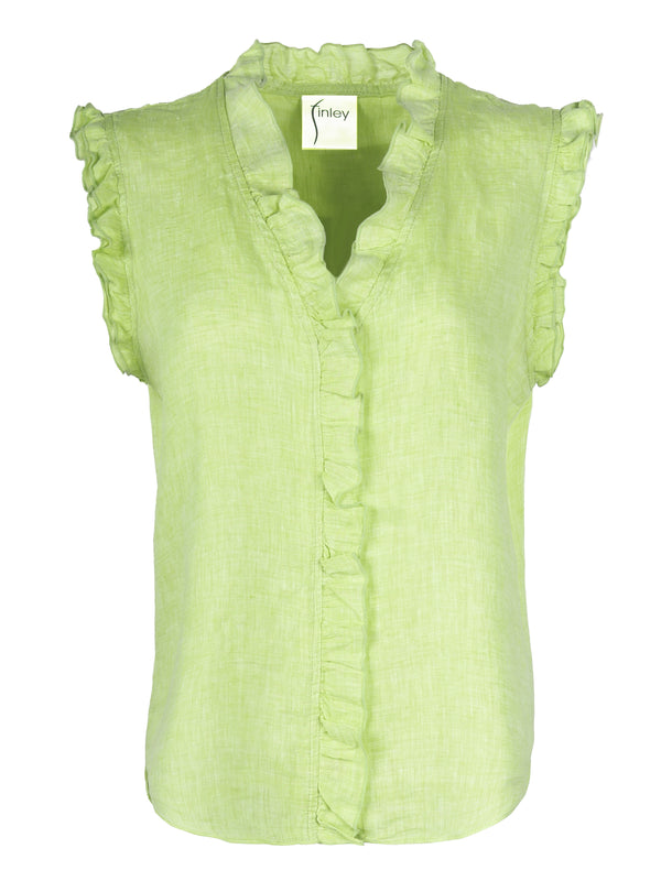 The Finley Byrdee blouse, a sleeveless lime green washed linen top with a casual relaxed fit and ruffle shoulder collar.