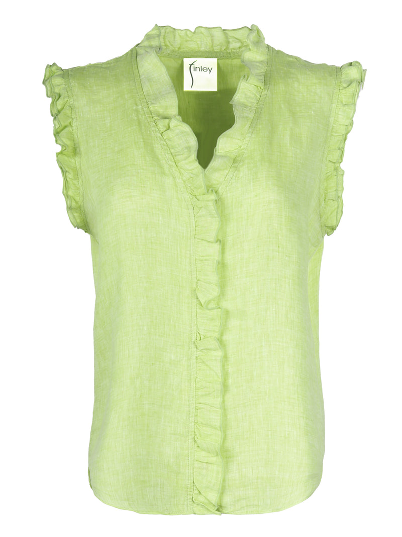 The Finley Byrdee blouse, a sleeveless lime green washed linen top with a casual relaxed fit and ruffle shoulder collar.