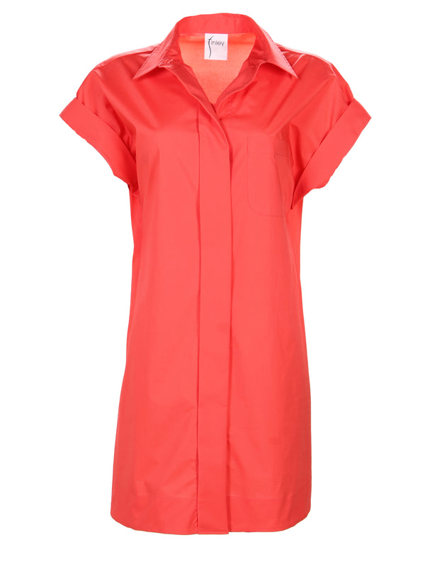 A front view of the Finley Charlie dress, a knee-length button-down shirt dress with a cap sleeve and a coral pink color.