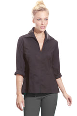 A blonde fashion model wearing the Finley Swing Shirt, a black 3/4 sleeve blouse with a turnback collar and a relaxed fit.