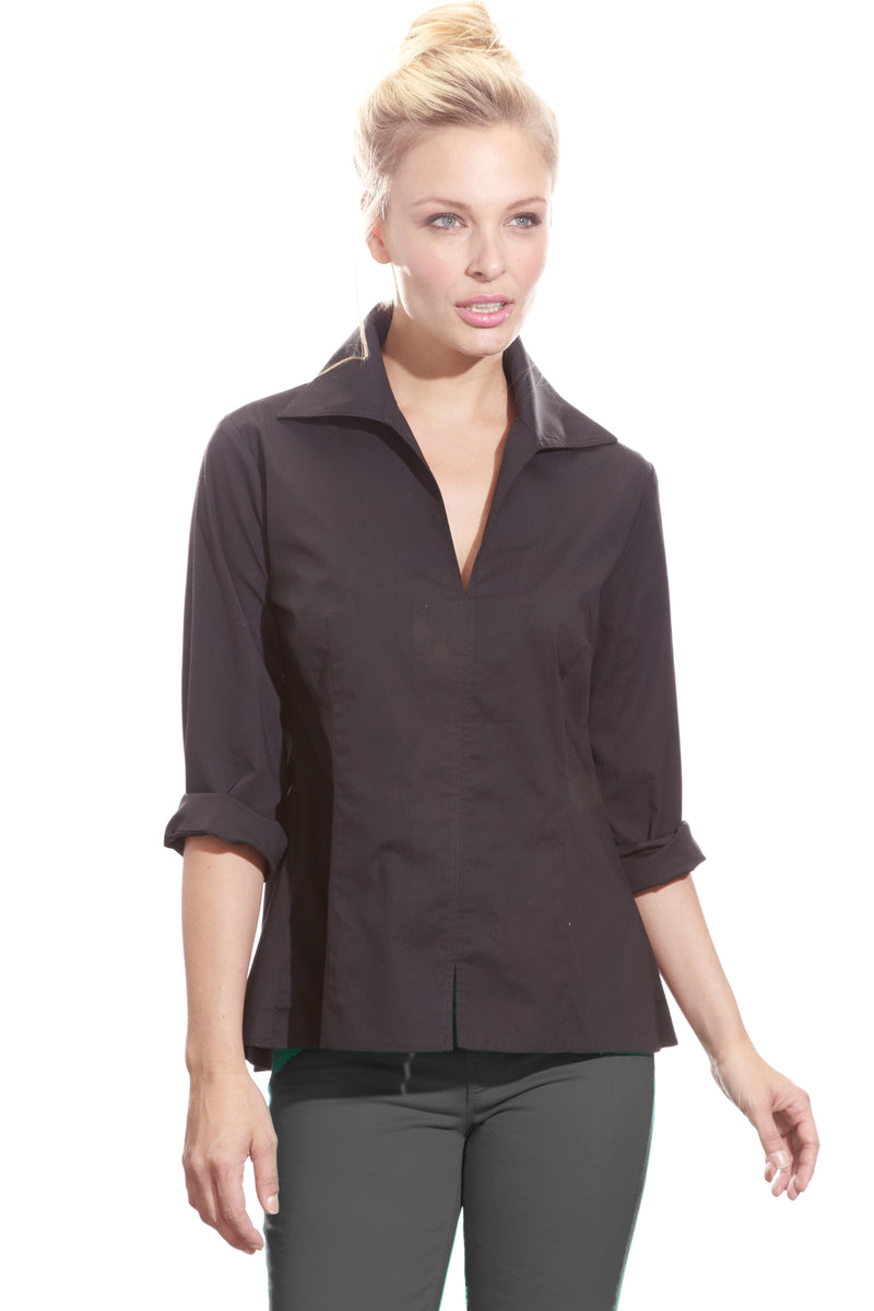 A blonde fashion model wearing the Finley Swing Shirt, a black 3/4 sleeve blouse with a turnback collar and a relaxed fit.