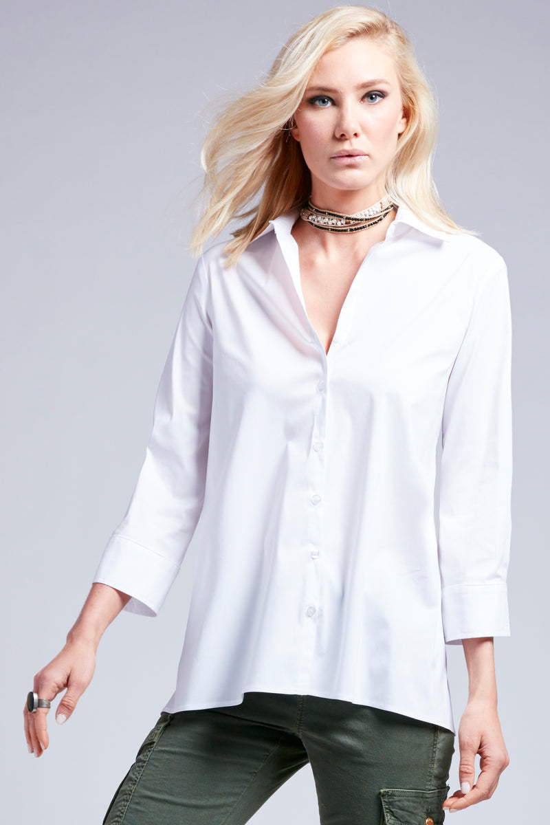 A front view of the trapeze top, a white 3/4 sleeve button-down casual blouse with an A-line shape and relaxed fit.