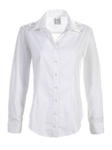 A front view of the Finley Johnny blouse, a white long-sleeve button-down shirt with a tailored fit.