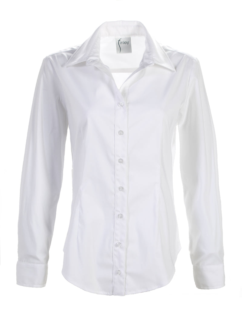 A front view of the Finley Johnny blouse, a white long-sleeve button-down shirt with a tailored fit.