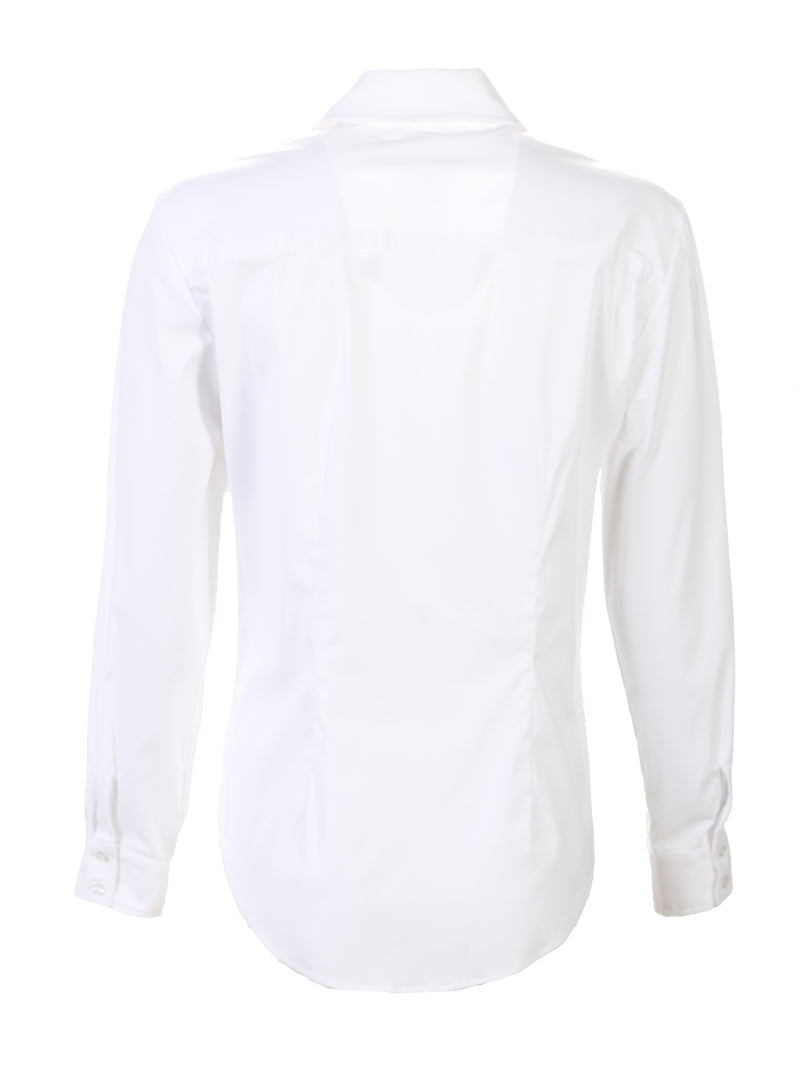 A back view of the Finley Johnny blouse, a white long-sleeve button-down shirt with a tailored fit.