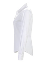 A profile view of the Finley Johnny blouse, a white long-sleeve button-down shirt with a tailored fit.