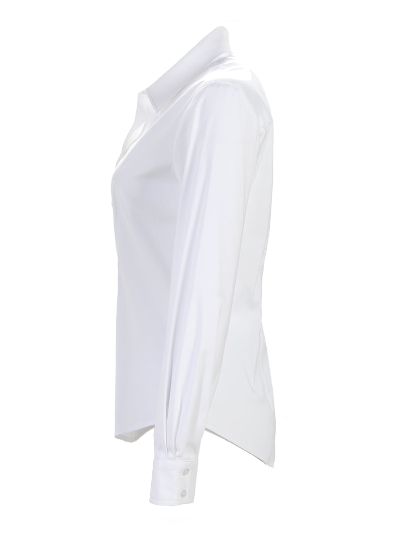 A profile view of the Finley Johnny blouse, a white long-sleeve button-down shirt with a tailored fit.