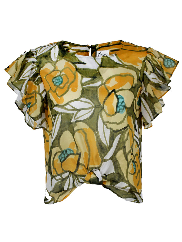 The Finley Rosie blouse, a cotton voile front-tie pullover blouse with short flutter sleeves and a yellow and green floral print.