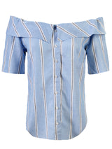 A front view of the Finley Maddie top, an off the shoulder blue button-down blouse with short sleeves and black and white stripes.