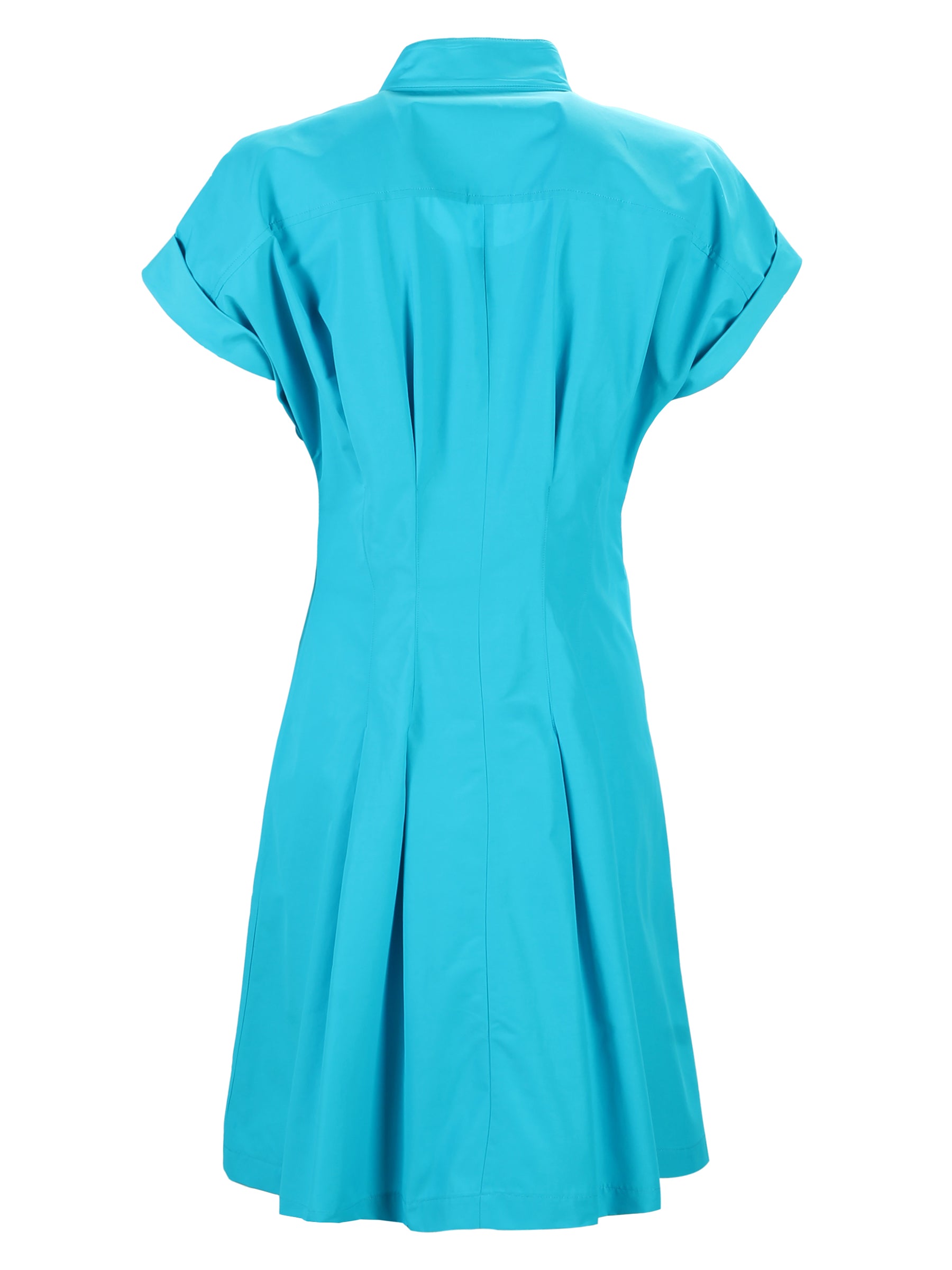 A rear view of the Finley Rocky dress, a cap sleeve tie front A-line midi dress in a navy and white geometric pattern.