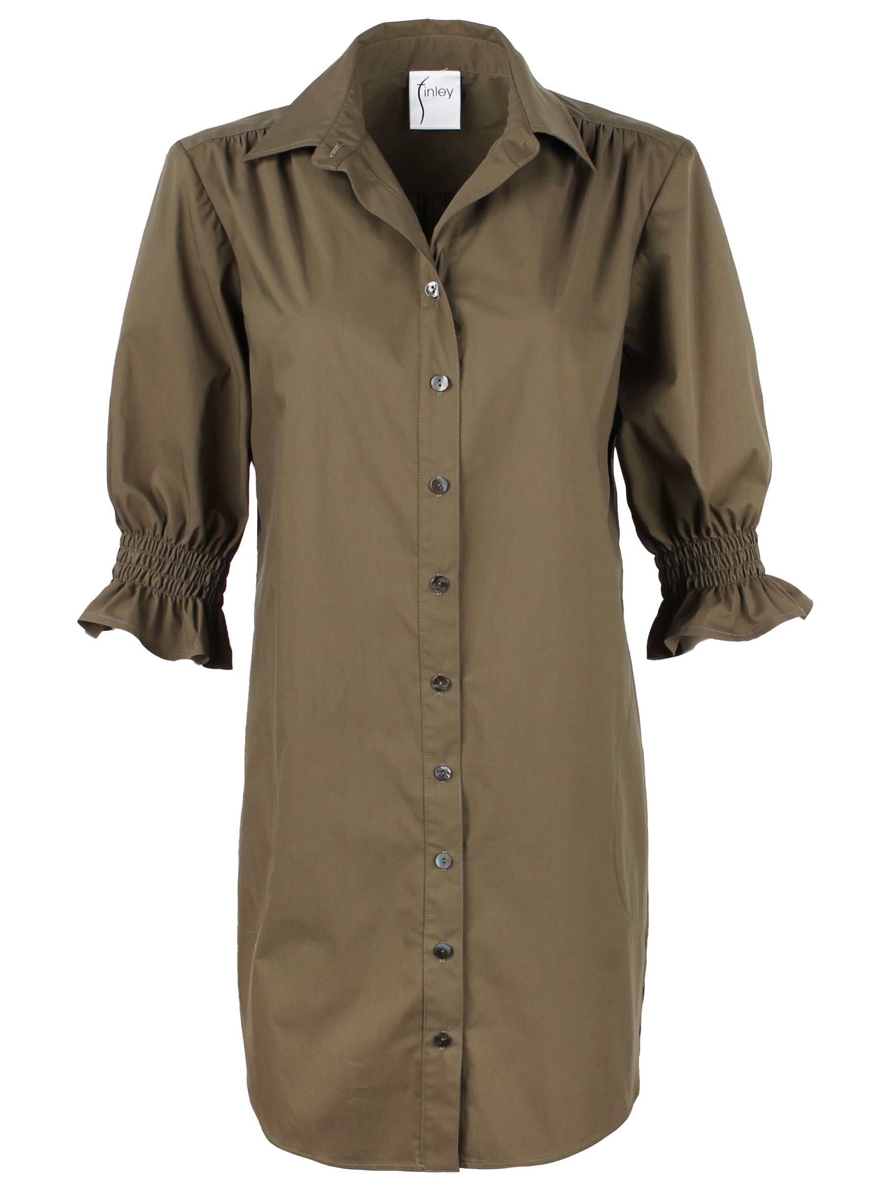 A front view of the Finley Miller dress, a puff sleeve olive green midi shirt dress with side pockets and a relaxed shape.