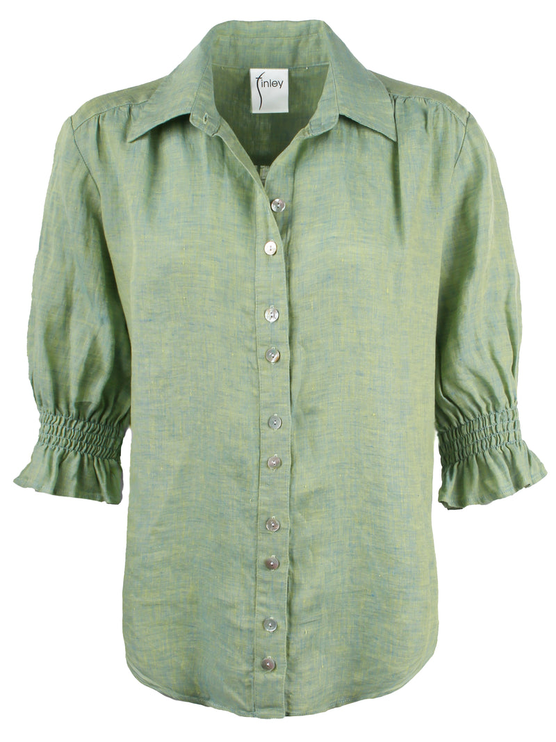 A front view of the Finley Sirena blouse, a button-down washed linen blouse with puffed short sleeves and avocado green color.